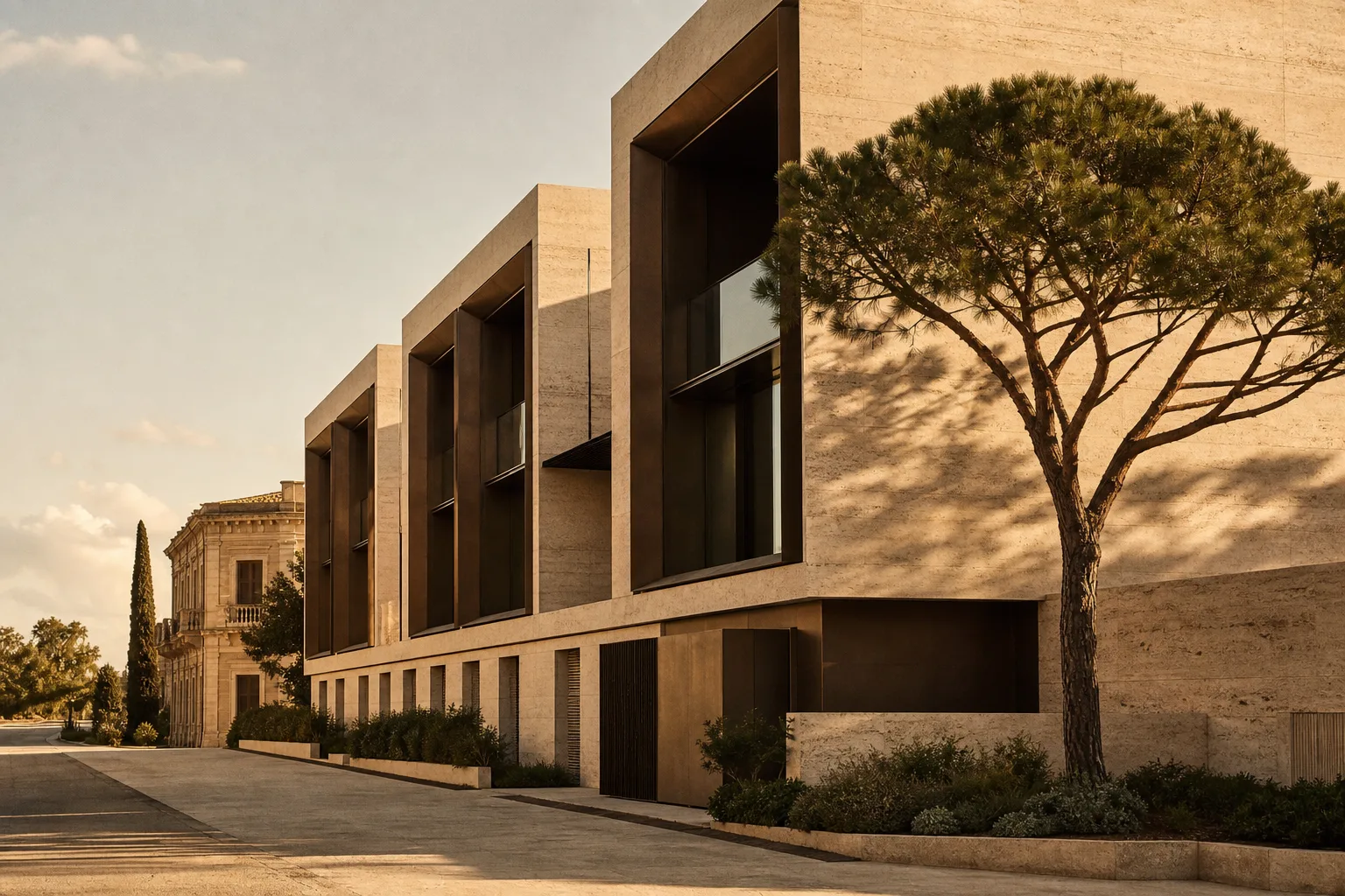 Contemporary limestone hotel facade in warm afternoon light