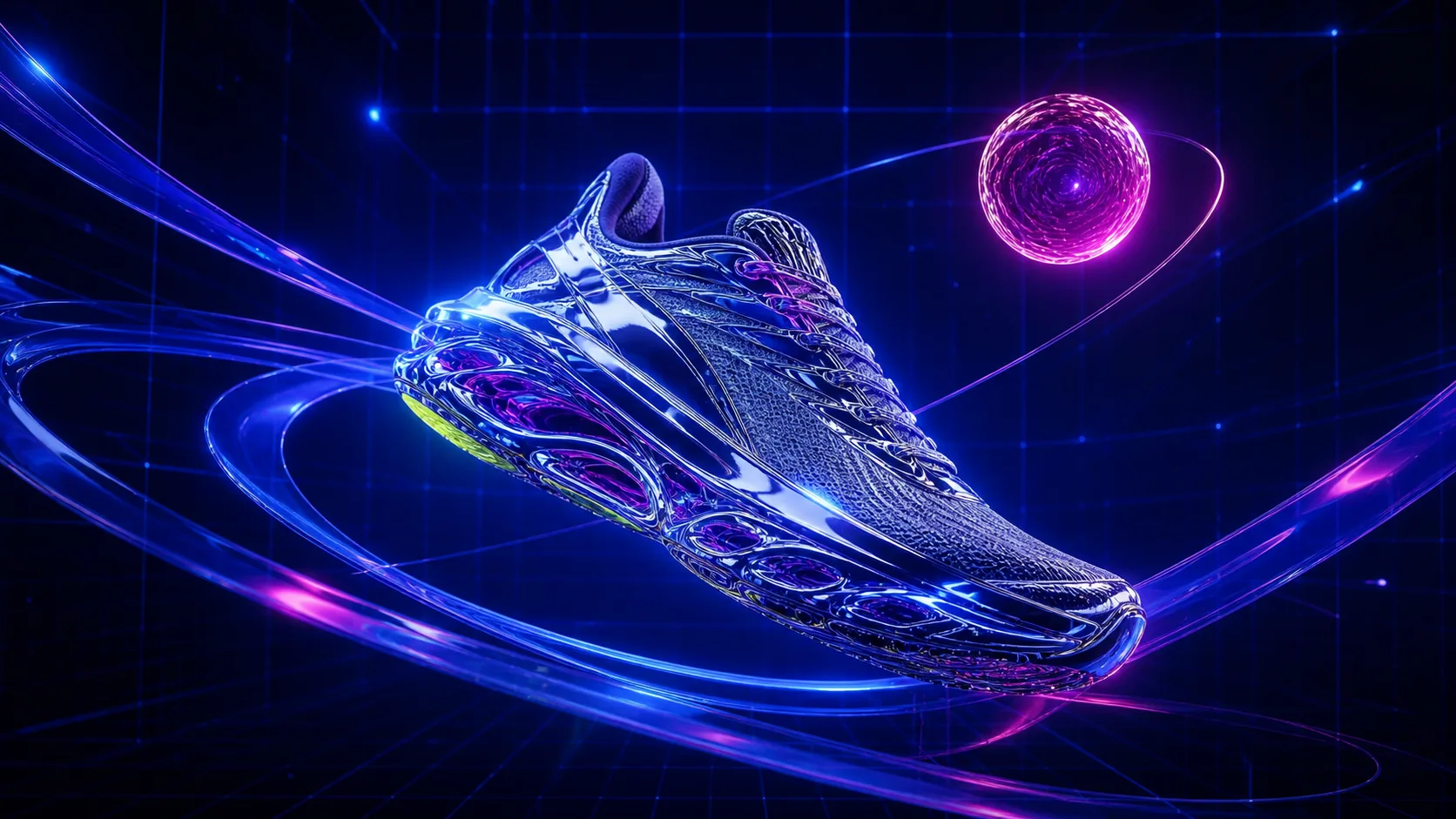 Chrome performance shoe suspended in an electric blue spatial grid