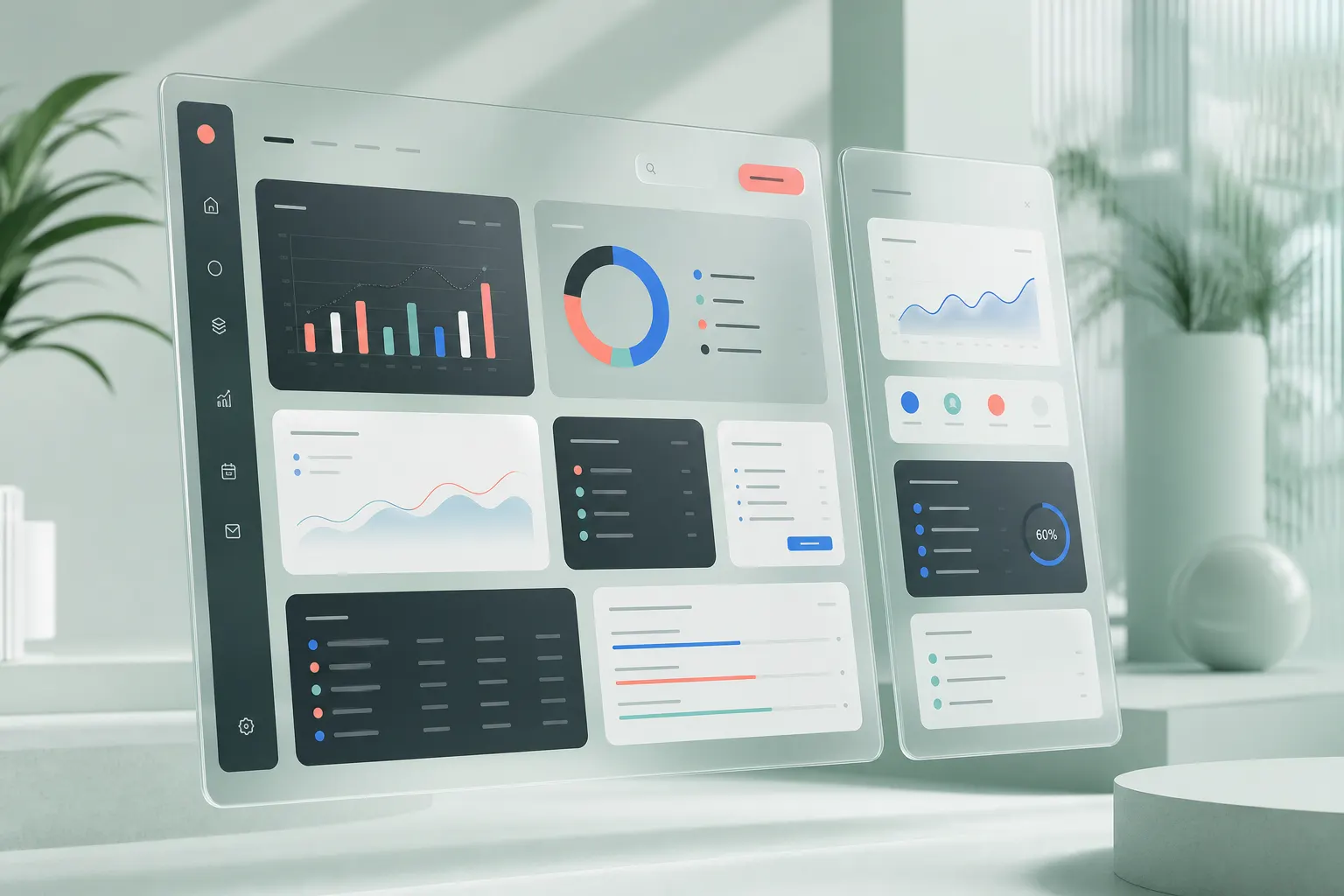 Translucent productivity dashboard interfaces in a pale mint studio
