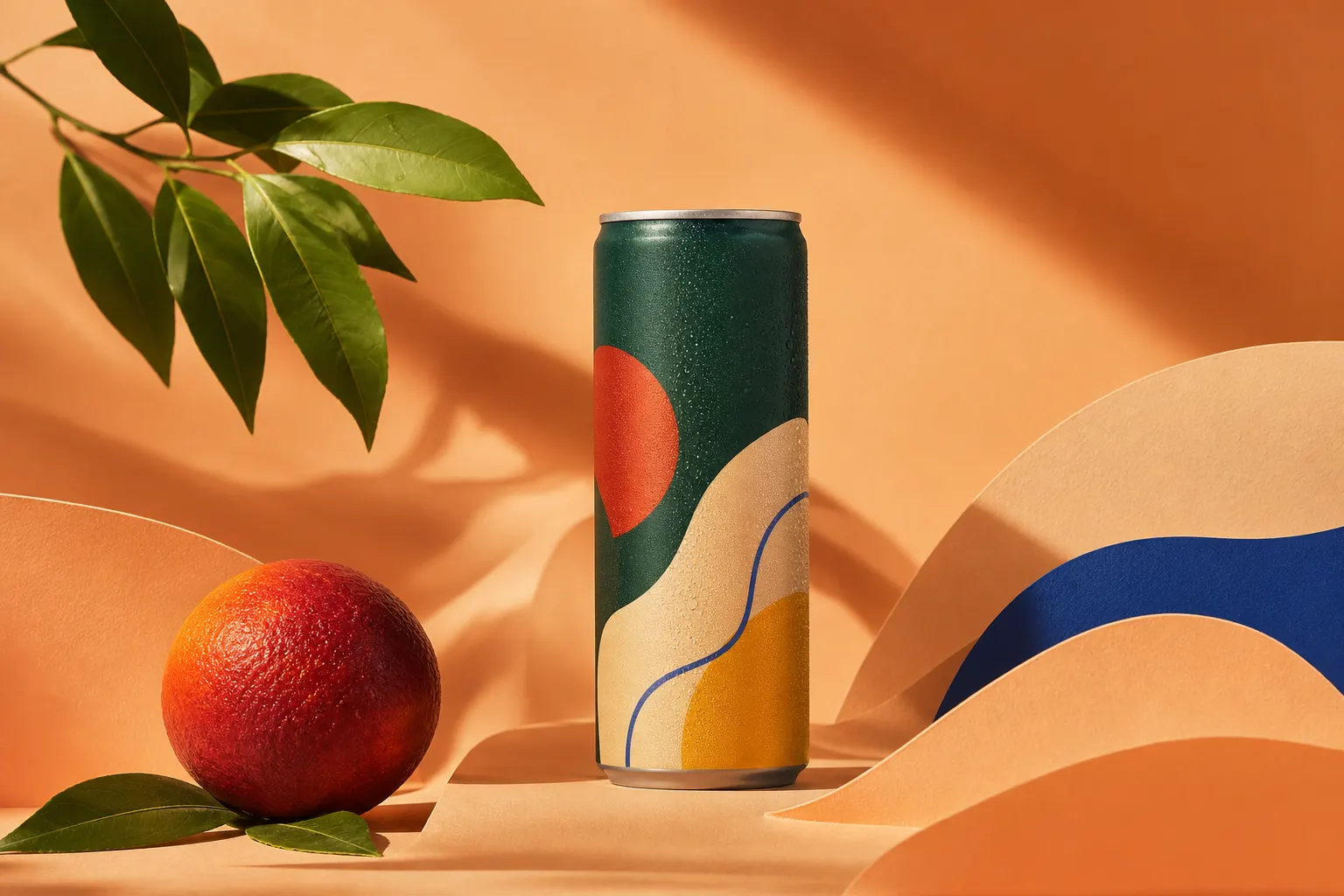 Dark green botanical drink can in an apricot studio still life